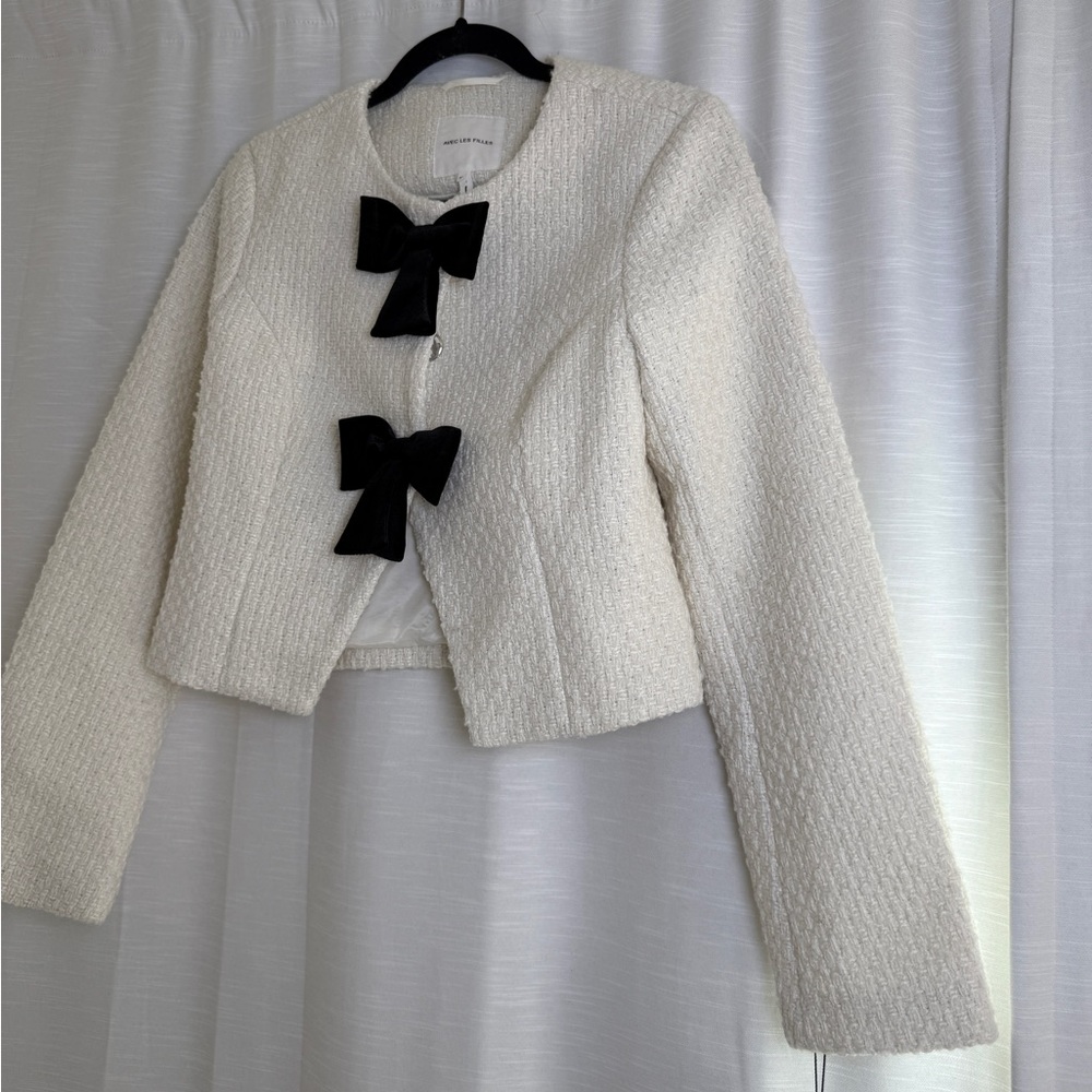 Avec Les Filles Cream Tweed Jacket Bow Detail Cropped Blazer | NWT Size XS - Picture 10 of 16